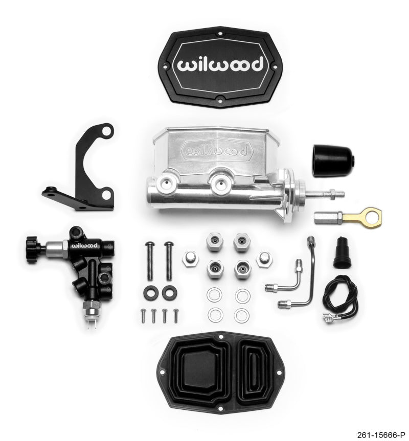 WILWOOD Compact Tandem M/C - 1.12in Bore w/RH Bracket and Valve (Mustang Pushrod) - Ball Burnished