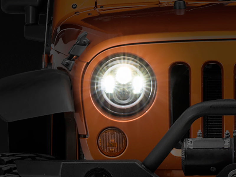 RAXIOM 97-18 Jeep Wrangler TJ/JK Axial Halo Headlights w/ DRL Amber Signals- Blk Hsng (Clear Lens)