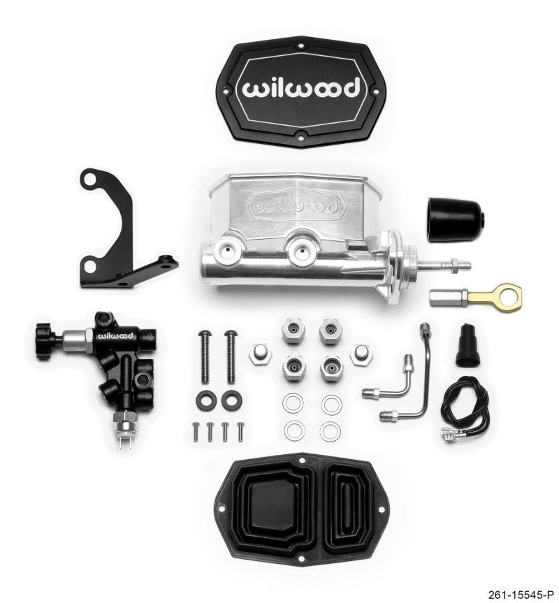 WILWOOD Compact Tandem M/C - 1.12in Bore w/Bracket and Valve fits Mustang (Pushrod) - Ball Burnished