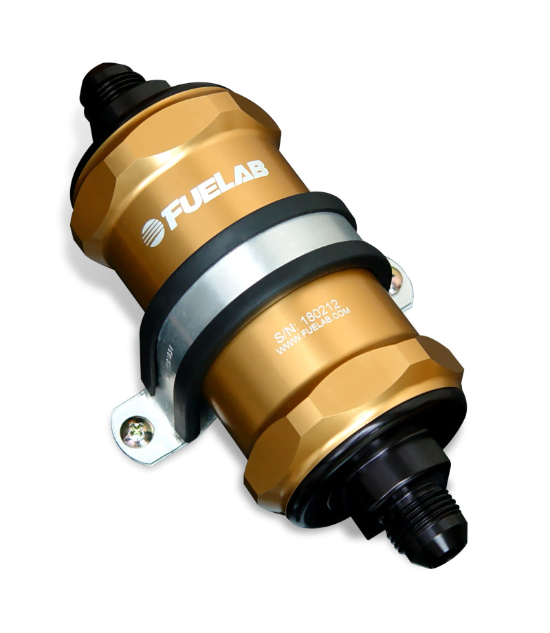 FUELAB 848 In-Line Fuel Filter Standard -8AN In/Out 6 Micron Fiberglass w/Check Valve - Gold