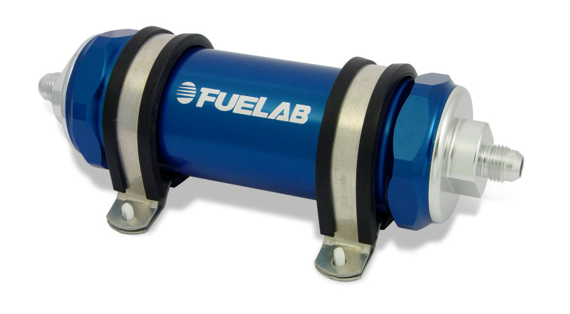 FUELAB 858 In-Line Fuel Filter Long -10AN In/Out 6 Micron Fiberglass w/Check Valve - Blue