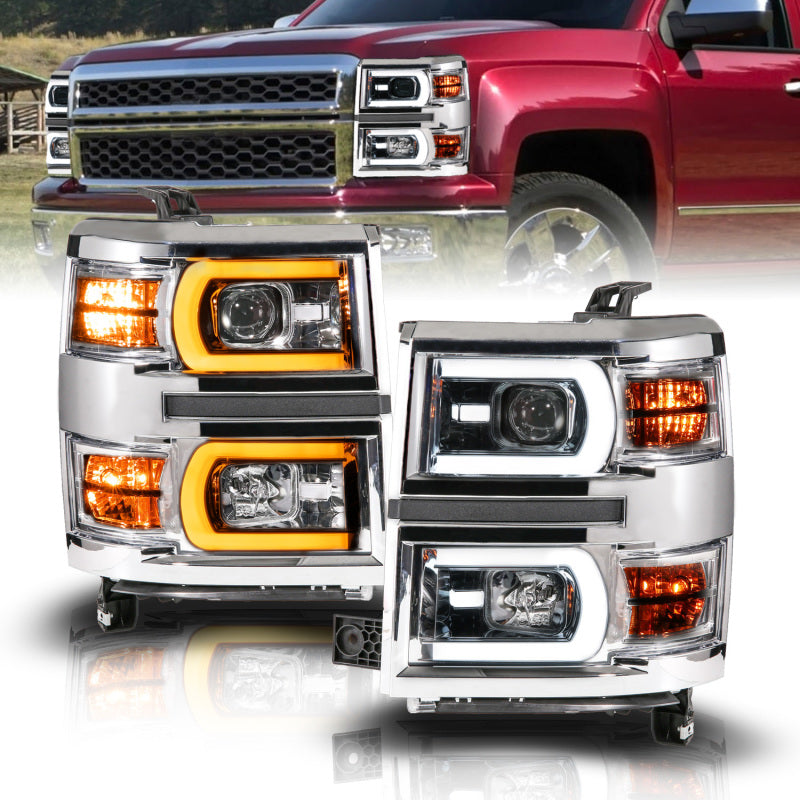 Anzo 14-15 Chevy Silverado 1500 Chrome Dual Switchback+Sequential LED Tube Sq. Projector Headlights