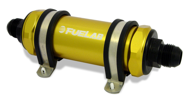 FUELAB 858 In-Line Fuel Filter Long -10AN In/Out 6 Micron Fiberglass w/Check Valve - Gold