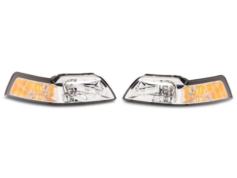 RAXIOM 99-04 Ford Mustang Axial Series OEM Style Replacement Headlights- Chrome Housing (Clear Lens)