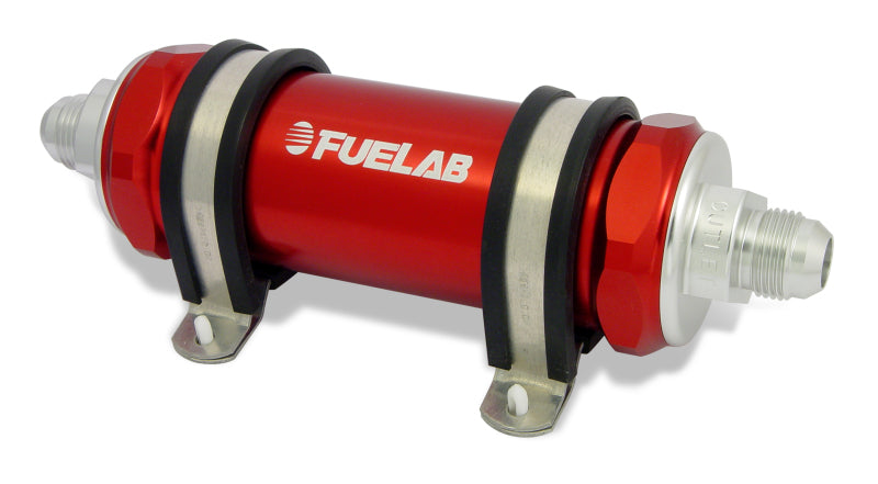 FUELAB 858 In-Line Fuel Filter Long -10AN In/Out 6 Micron Fiberglass w/Check Valve - Red