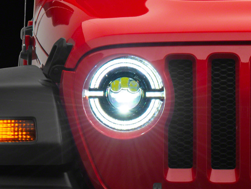 RAXIOM 18-23 Jeep Wrangler JL Axial Series 9-In LED Angel Eye Headlights- Blk Housing (Clear Lens)