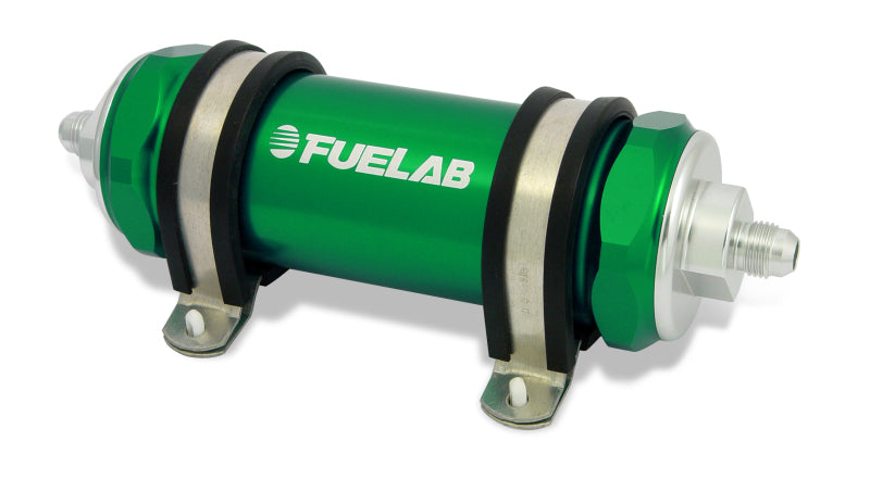 FUELAB 858 In-Line Fuel Filter Long -8AN In/Out 6 Micron Fiberglass w/Check Valve - Green