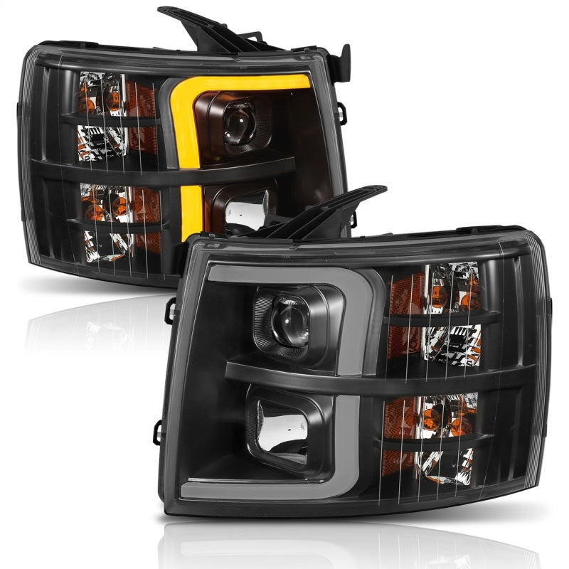 ANZO 07-13 Chevrolet Silverado 1500 Plank Style Projector Headlights Black w/ Amber