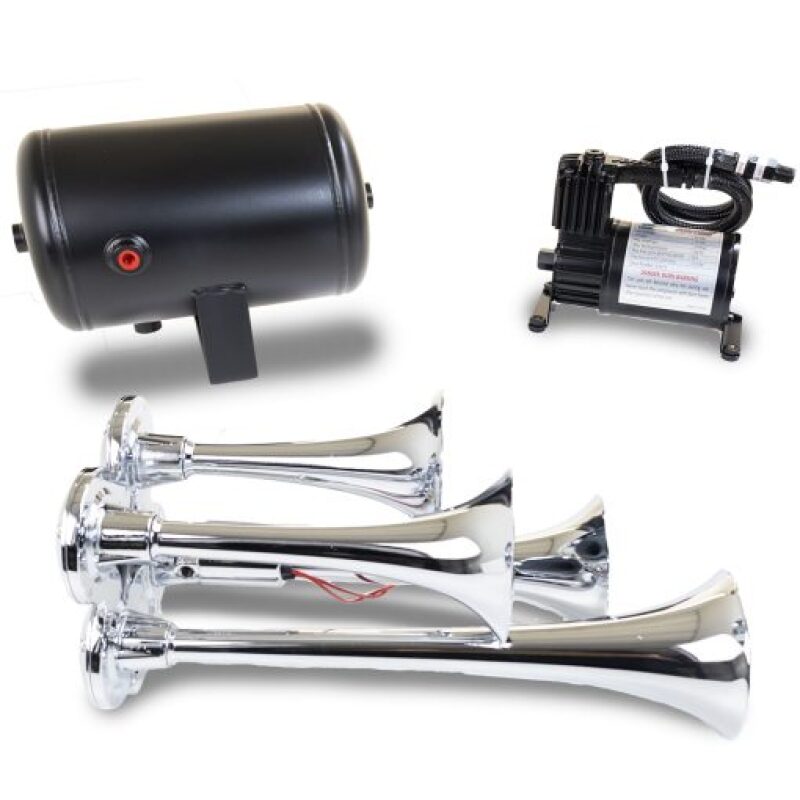 KLEINN Chrome Quad Horn Kit w/ 130 PSI Air Compressor / 1.0 gal Air Tank