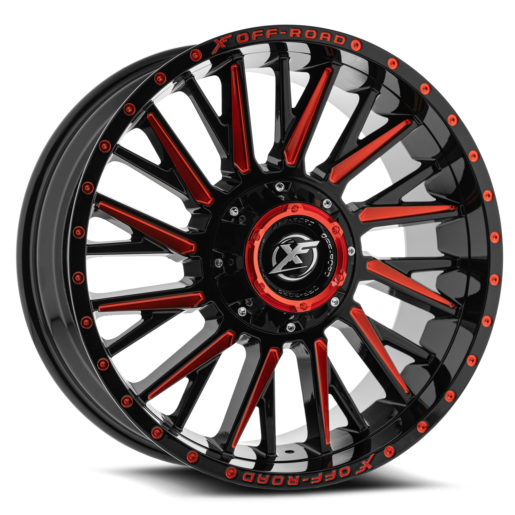 xf off-road xf-211 gloss black & red milled